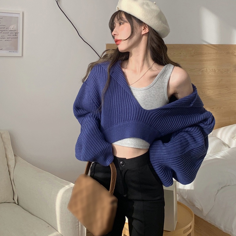 Áo croptop dệt kim tay dài dáng rộng duyên dáng dễ phối đồ cho nữ