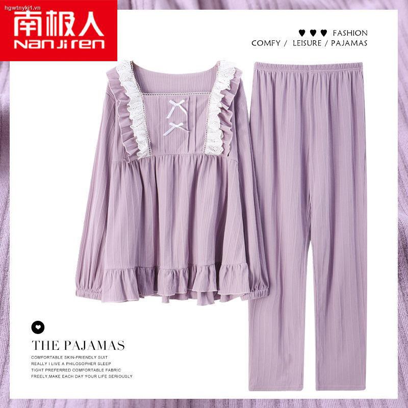 Bộ đồ ngủ tay dài chất liệu cotton phong cách công chúa thời trang xuân thu xinh xắn cho nữ