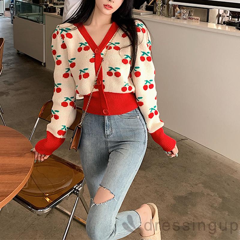 Áo khoác cardigan dệt kim cổ chữ V in họa tiết quả cherry phong cách cổ điển cho nữ