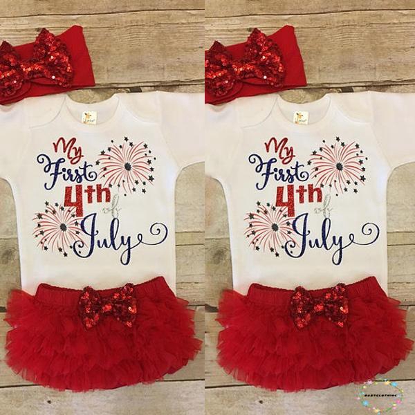 ღWSVღ2018 Hot fashion Baby Girls My First 4th of July Romper+Tutu Shorts+Headband 3Pcs Set Outfits
