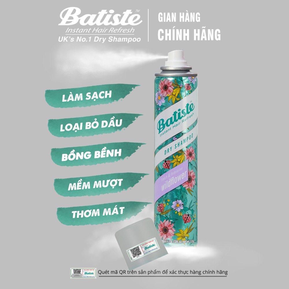 [KÈM DEAL 0Đ] Dầu Gội Khô Batiste Hương Hoa Cỏ Nữ Tính, Tươi Mát - Batiste Dry Shampoo Fresh &amp; Feminine Wildflower 200ml