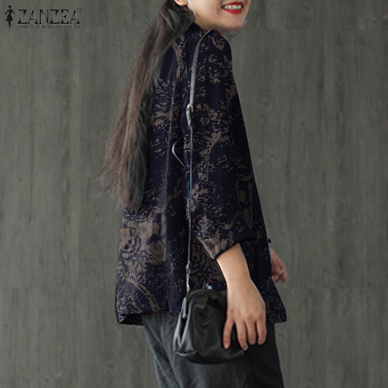 Áo blazer ZANZEA cotton dáng rộng cổ bẻ tay dài in họa tiết hoa phong cách vintage thời trang dành cho nữ