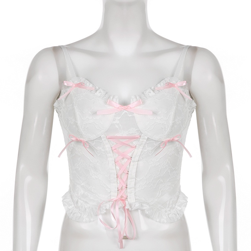 DUNEA Áo Croptop Hai Dây Thắt Nơ Phối Ren Gợi Cảm Cho Nữ