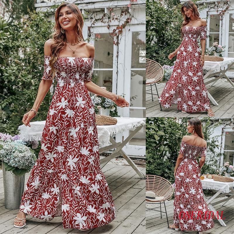Đầm Maxi Trễ Vai Xẻ Tà In Họa Tiết Hoa Lá Phong Cách Boho Thời Trang Mùa Hè Quyến Rũ Cho Nữ