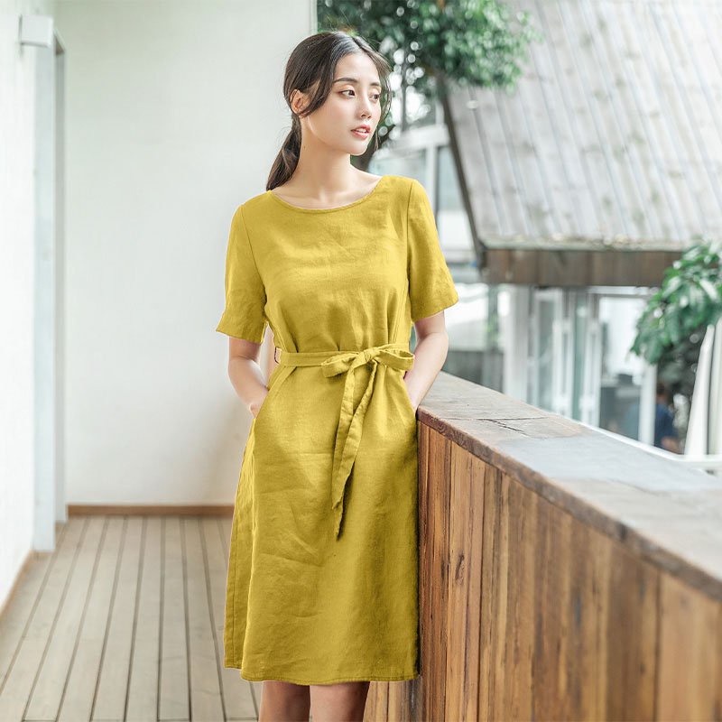 Váy Thu dáng xinh [ chất linen+ dáng rút dây+ tay lỡ]