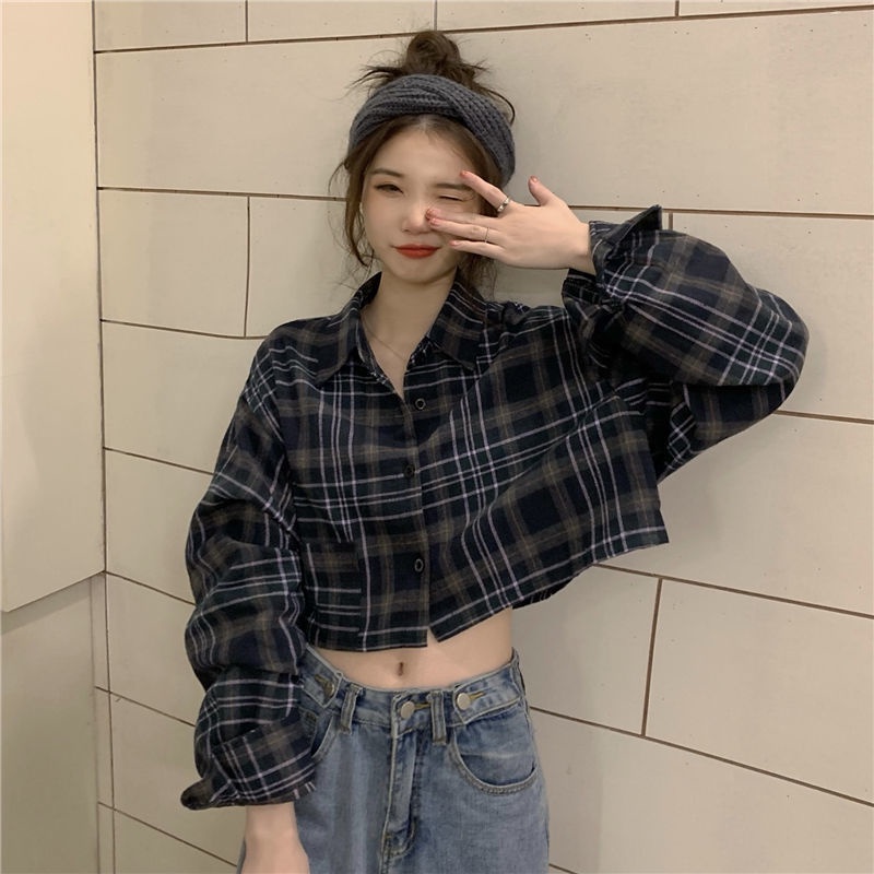 Áo Sơ Mi Caro Tay Dài Dáng Rộng Trẻ Trung Phong Cách Retro Hàn Quốc Cho Bạn Gái