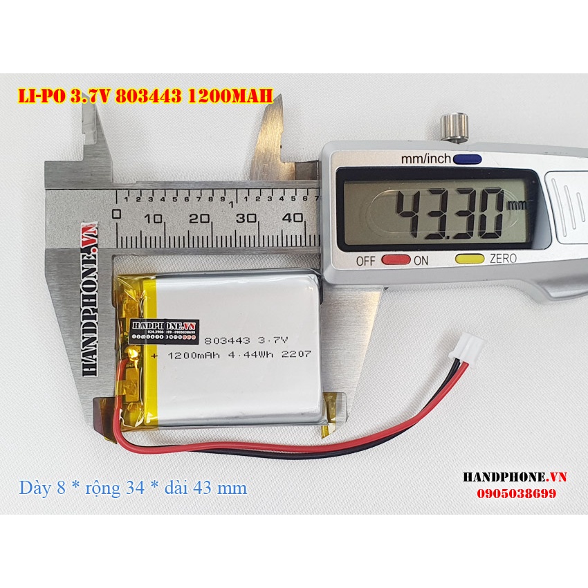 Pin Li-Po 3.7V 1200mAh 803443 (Lithium Polyme) cho Camera Hành Trình, Điện Thoại, Loa Bluetooth, Khoá Vân Tay