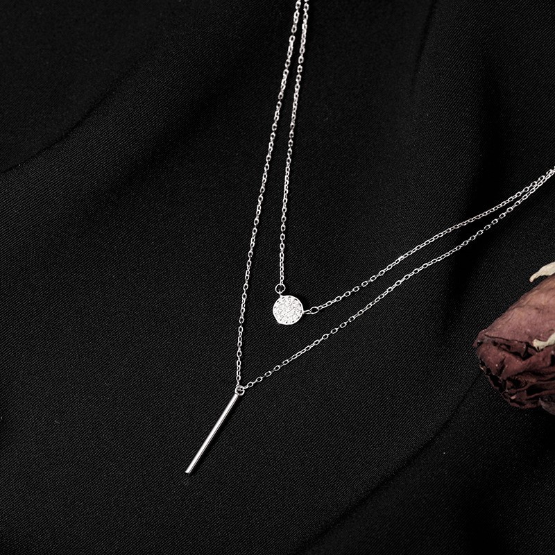 Dây chuyền bạc nữ cao cấp dạng 2 sợi lồng nhau, mặt thanh tròn và thanh đinh