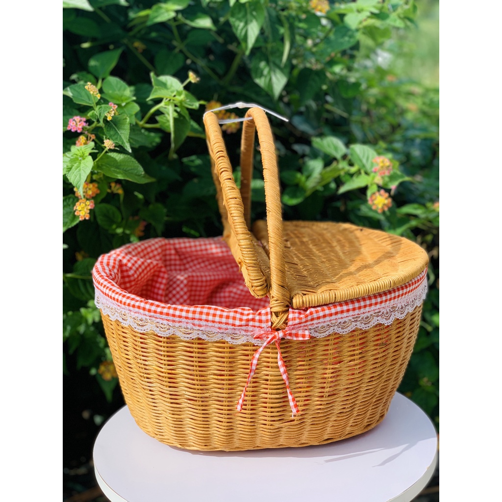 Giỏ Mây Picnic Có Lót Vải, Có Nắp Đậy/ Giỏ Mây Đi Du Lịch Dã Ngoại Tiện Nghi/ Đồ Dùng Nhà Bếp Decor Chụp Ảnh Studio