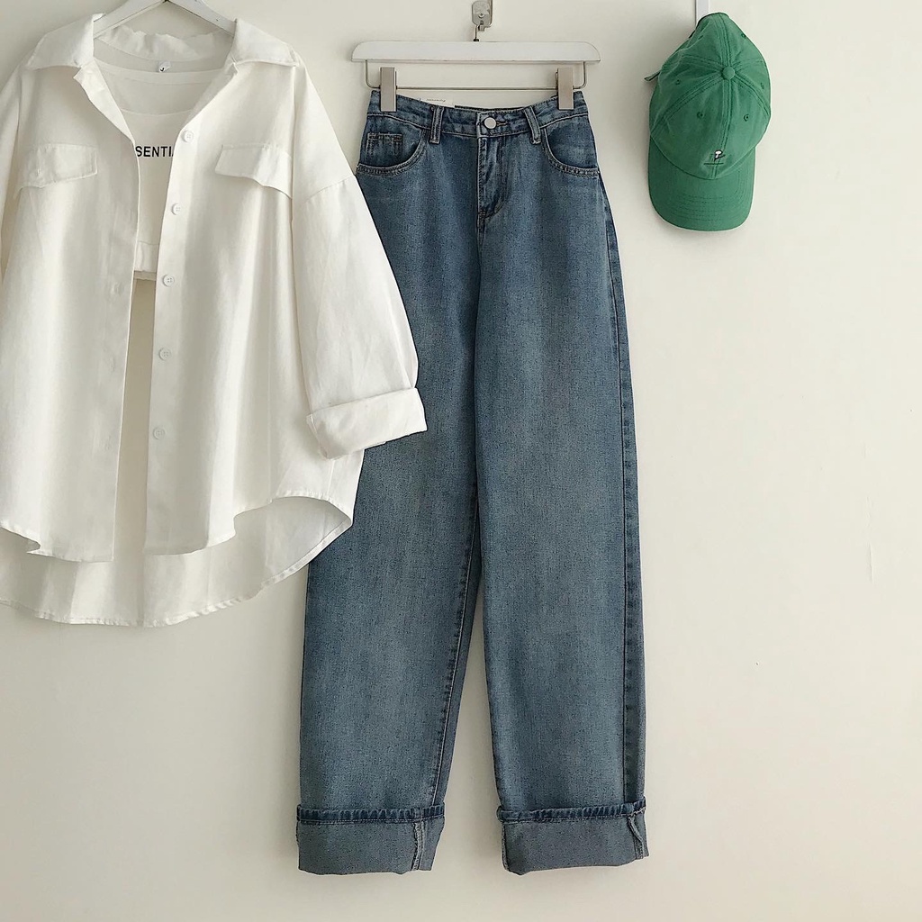 Quần Jeans Xanh Trơn Nữ Basic Quần Bò Dáng Suông Dài Ống Đứng Chất Liệu Demin Cao Cấp Lưng Cao CLAW 2832 Gous Official