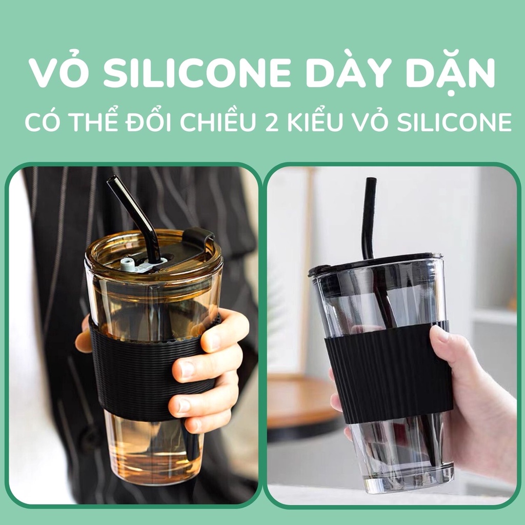 Cốc ly thuỷ tinh cao 450ml có nắp kèm ống hút màu hổ phách, ly thuỷ tinh bọc silicone sang trọng N02 K-House Smart