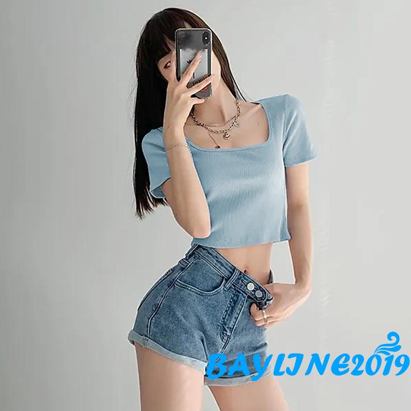 Áo Dệt Kim Tay Ngắn Cổ Chữ U Màu Sắc Trơn Thiết Kế Thoáng Khí Thời Trang Mùa Hè Cho Nữ