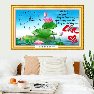 Tranh đính đá Đồng Hồ Cha Mẹ Hoa Sen LV464 - Kích thước 70x50cm