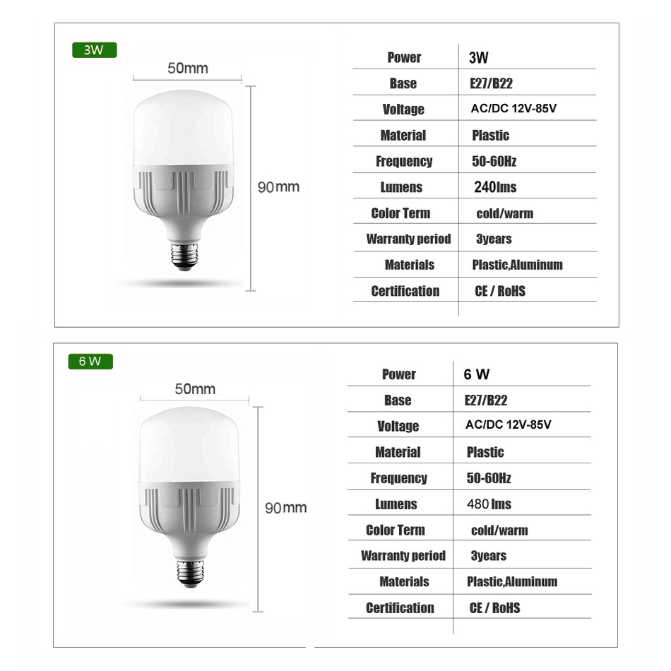 Bóng Đèn LED E27 B22 3W 6W 9W 12W 12W 15W 18W AC DC 12V 24V 36V 12-85V SMD 2835 Ánh Sáng Trắng Ấm Hiệu Quả