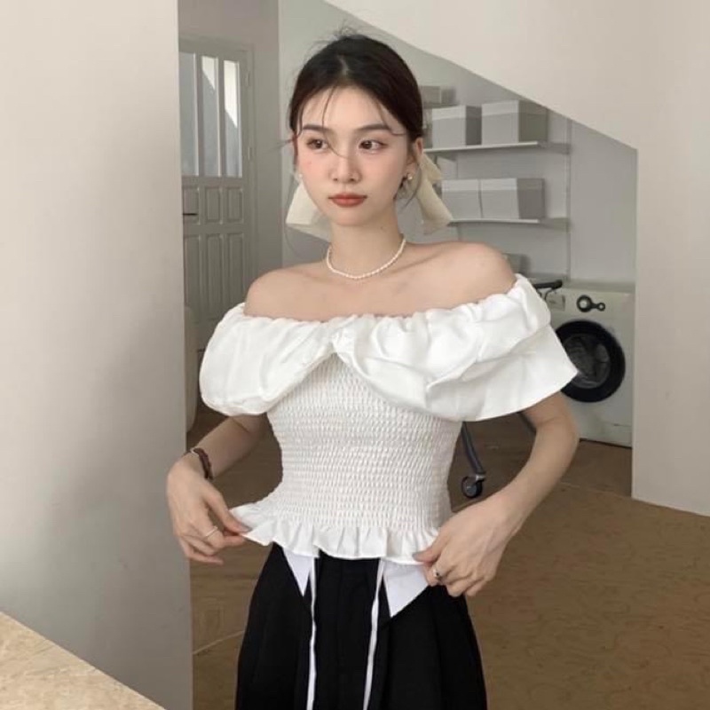 Áo kiểu trễ vai nữ bèo phồng trơn chun eo peplum dày dặn - Order taobao quảng châu