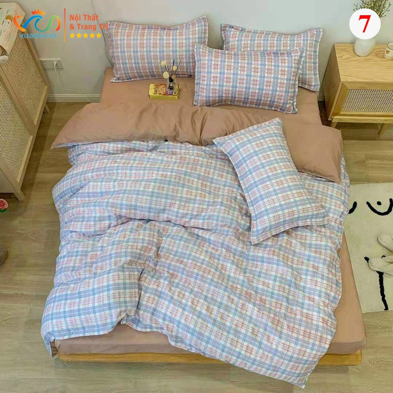 Set vỏ chăn ga gối cotton Poly họa tiết kẻ caro trang trí, decor phòng ngủ phong cách Hàn Quốc - Hàng nhập khẩu cao cấp