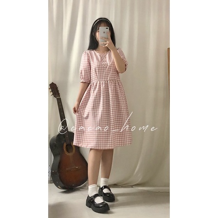 ĐẦM BABYDOLL caro hồng nhạt cực xinh vải katê mịn tặng kèm scrunchie cùng màu