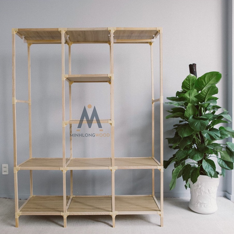 Kệ tủ treo quần áo đa năng - Minhlongwood - 2 buồng 6 ngăn - Gỗ thông vải dù