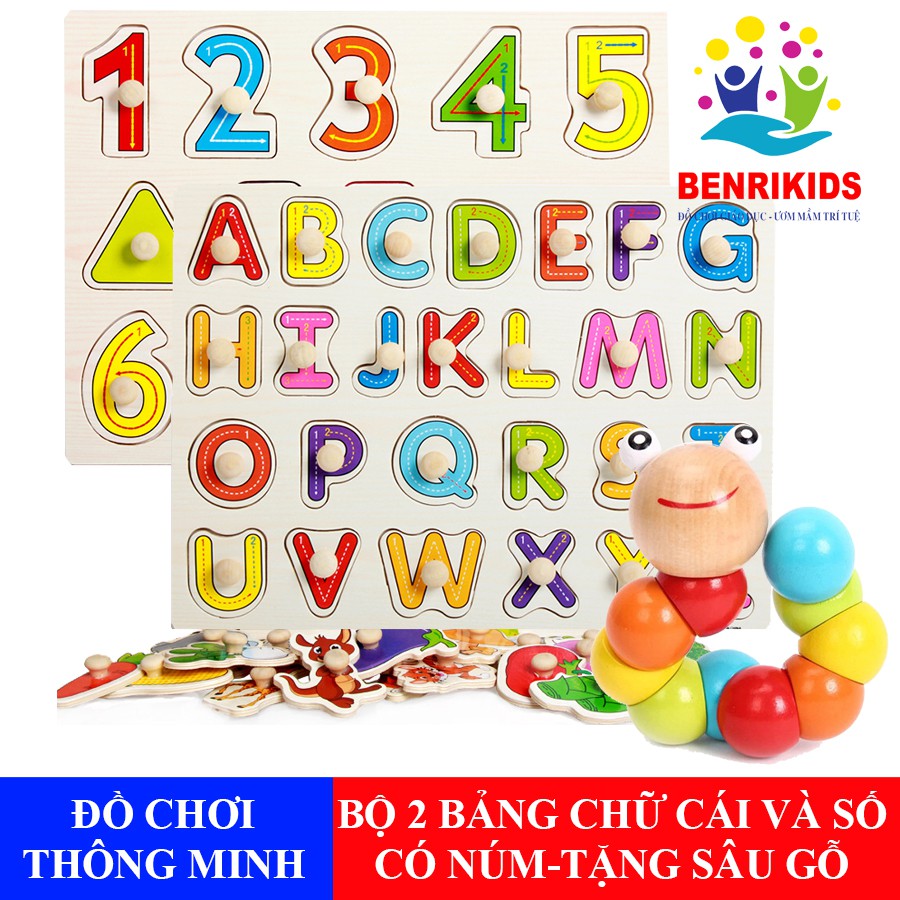 [Tặng Sâu Uốn Dẻo]Combo 2 Bảng Ghép Gỗ Giúp Bé Học Chữ Cái, Số Và Phép Tính