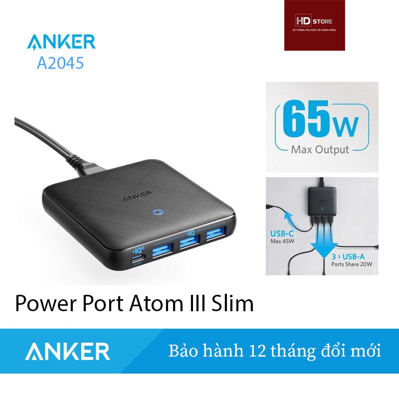 [Bọc vải Farbic] Adapter sạc 4 cổng USB Type C PD 65W Anker PowerPort Atom III Slim A2045- Chính Hãng New