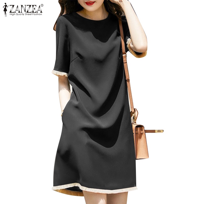 Đầm ren ZANZEA mini phối màu có túi phong cách đường phố Hàn Quốc thời trang cho nữ