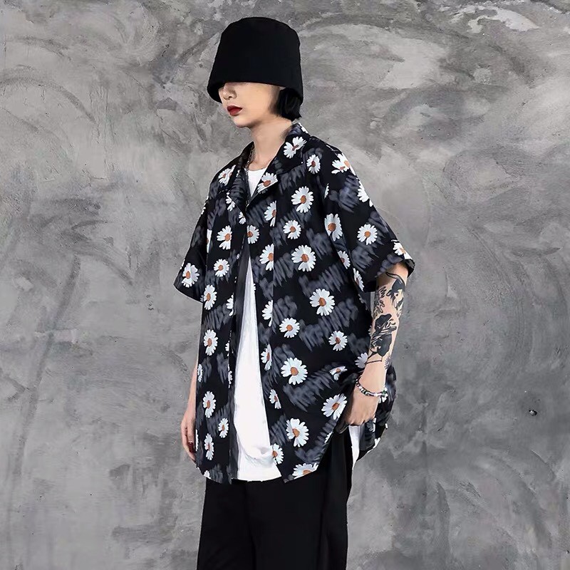 ÁO POLO CỔ BẺ LOANG HOA CÚC - ÁO SƠ MI TAY LỠ IN HOA CÚC TRẮNG ĐEN ULZZANG