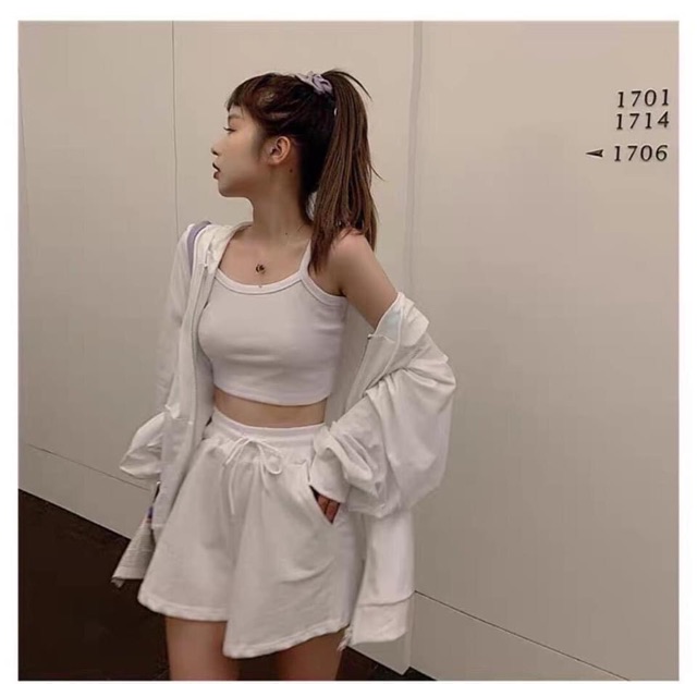 SET THỂ THAO 3 MÓN ( ÁO KHOÁC NỈ MŨ + ÁO 2 DÂY CRT + QUẦN SOOC CHUN ) | BigBuy360 - bigbuy360.vn