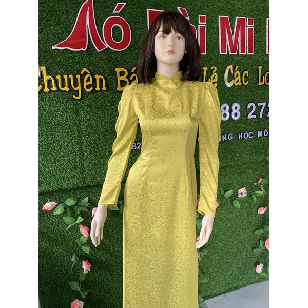 Bộ áo dài cổ truyền thống tay dài  phồng vải Gấm kèm quần