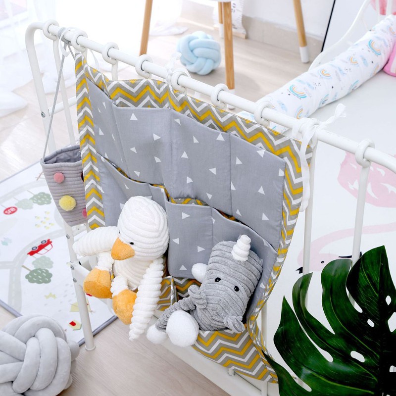 LIVI Bed Hanging Storage Bag Baby Cot Cotton Holder Organizer 50x50cm Diaper Pocket for Crib Bedding