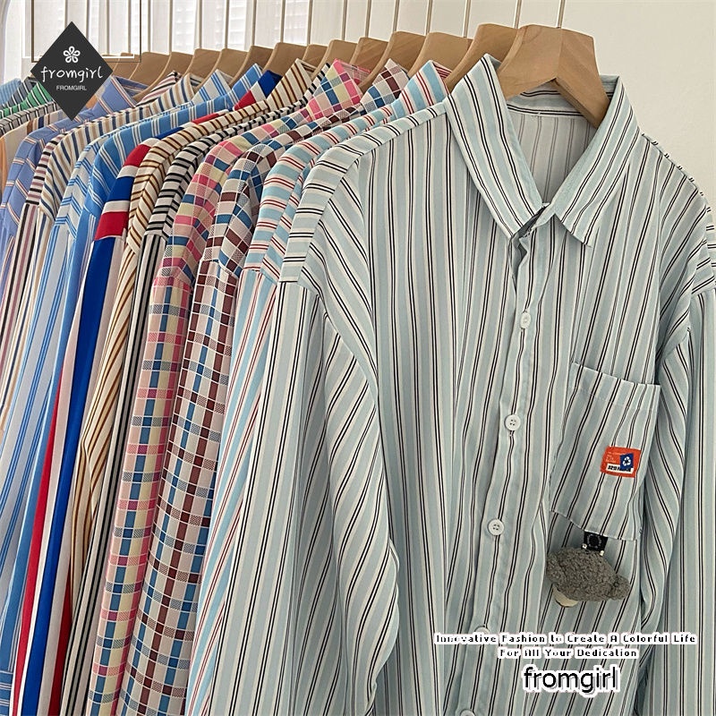 Áo sơ mi dài tay cổ bẻ họa tiết sọc phong cách Hàn Quốc dành cho nữ