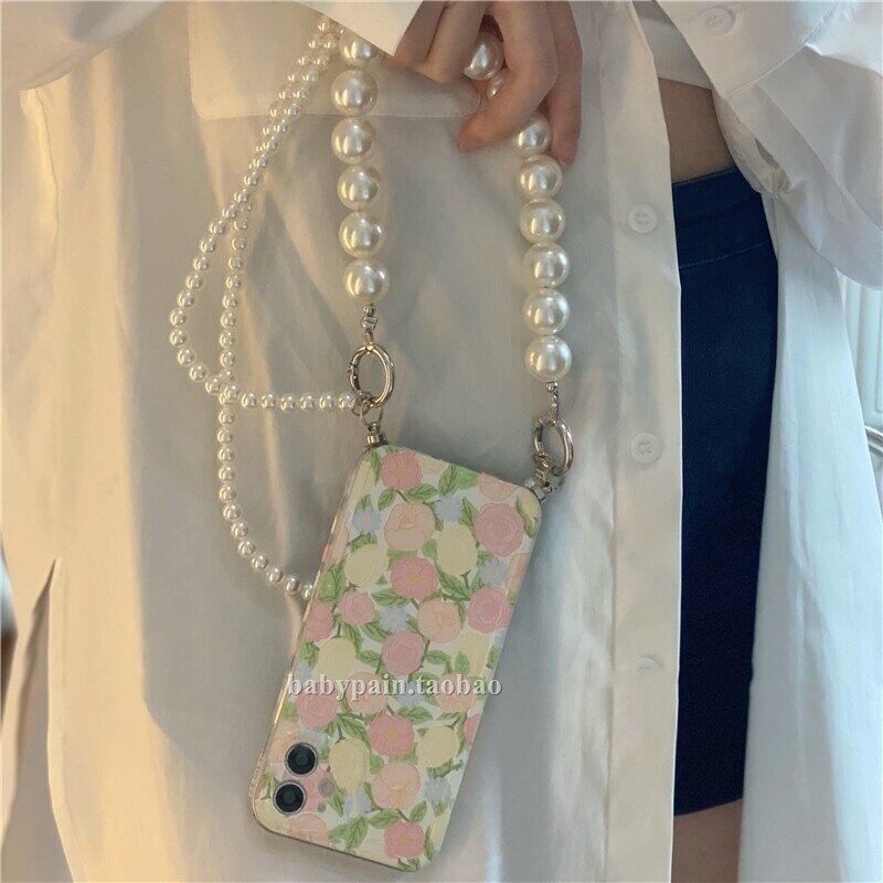 Ốp Điện Thoại Dẻo Họa Tiết Hoa Kèm Dây Đeo Ngọc Trai Cho iPhone 13 11 12 Pro Max MiNi XR X XS 7 8 Plus SE 220