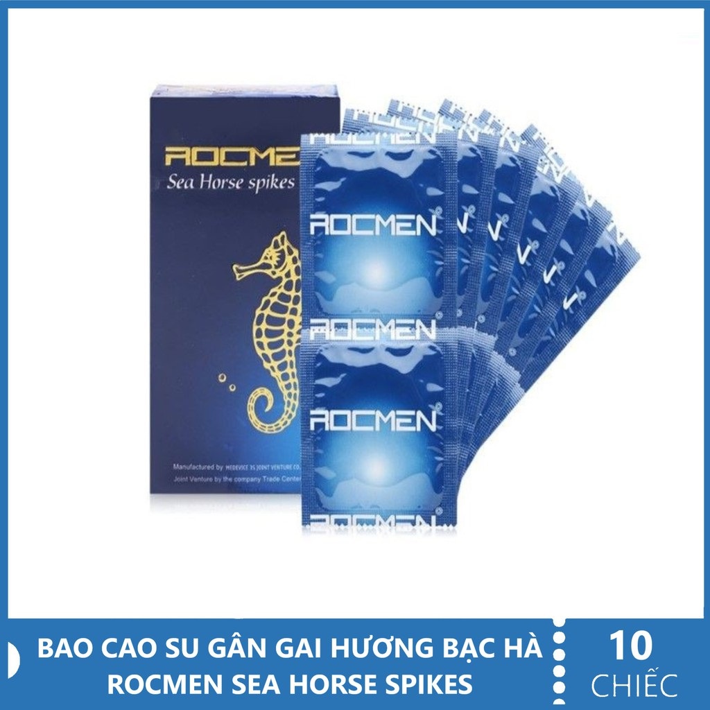 Bao cao su gai Rocmen Cá ngựa xanh chính hãng siêu mỏng kéo dài thời gian chống xuất tinh sớm hộp 10 chiếc Nakisa