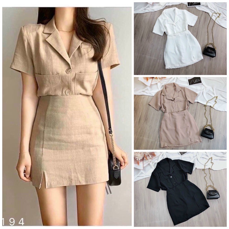 Set áo sơmi cổ vest chân váy đũi siêu xinh có may kèm quần trong chống lộ