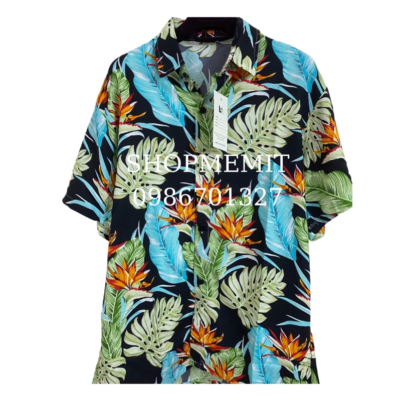 Bộ sơ mi trái cây đi biển, sơ mi nhóm lớp họa tiết hawaii hoa lá vải Kate Thái loại 1