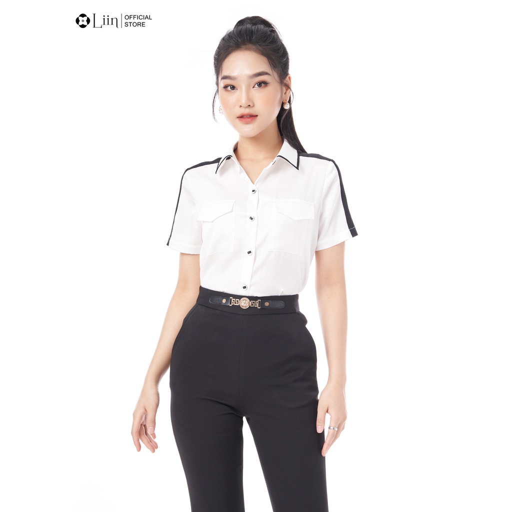 Áo sơ mi nữ ngắn tay linbi màu trắng mix kẻ vai đen tôn da chất vải mát, mềm mịn liin clothing SM4340