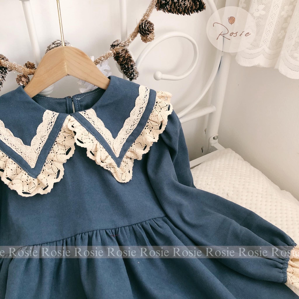 Váy nhung xanh Navy cổ ren ROSIE V86 chất nhung cổ ren điệu và sang chảnh cho bé gái từ 9-43kg