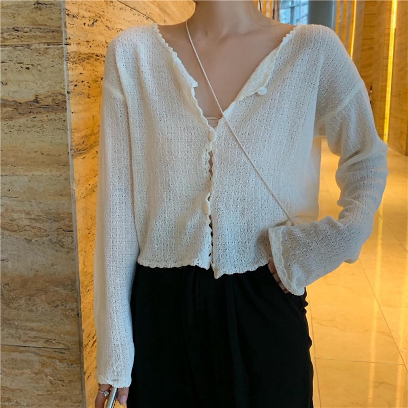 Áo Khoác Cardigan Dệt Kim Màu Trơn Viền Gợn Sóng Phong Cách Hàn Quốc 35376