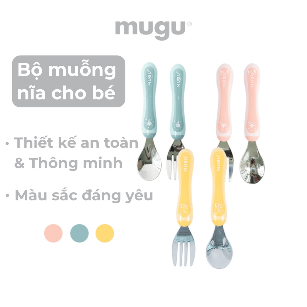 Bộ Muỗng Nĩa Tập Ăn Dặm MUGU Inox Có Hộp Đựng Cho Bé Tập Tự Ăn (1hộp) MA98330