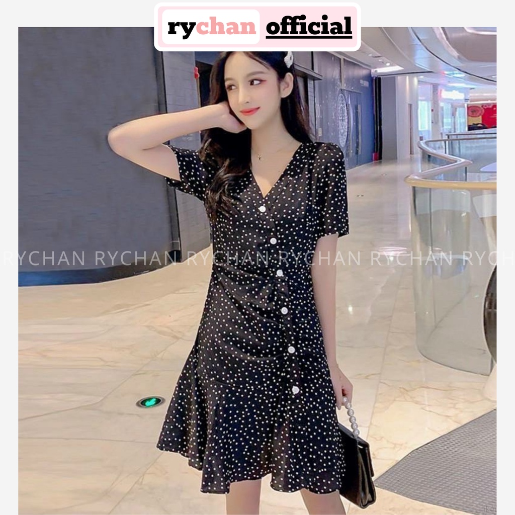 Đầm Xòe Chấm Bi Cổ V Đính Nút Chéo Tà Đuôi Viền Bèo  - DX0058