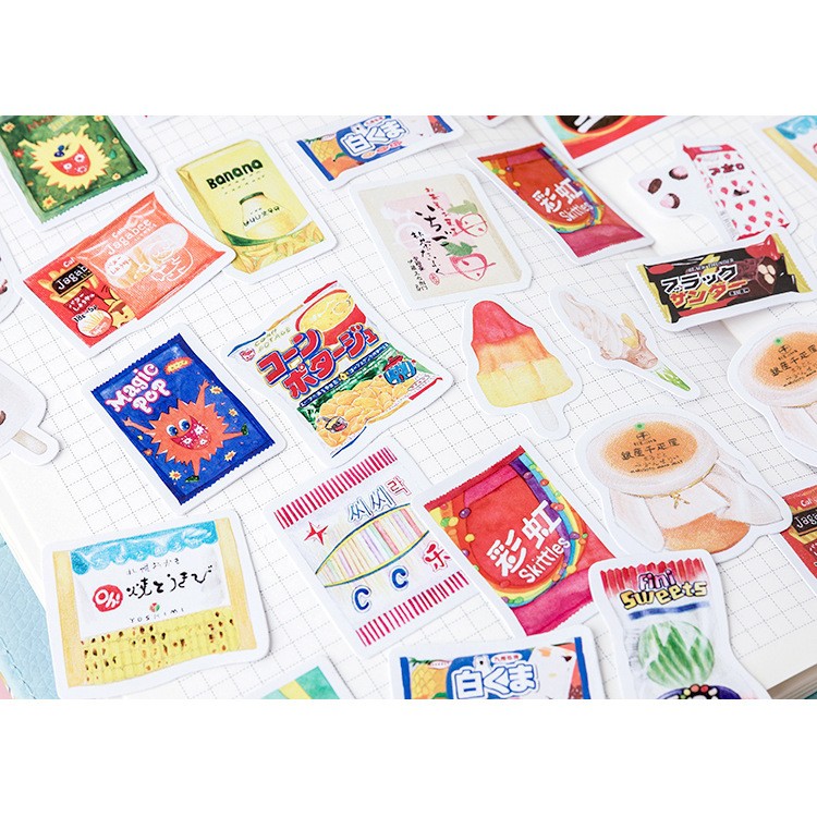 Hộp 46 miếng sticker mẫu các loại đồ ăn vặt snack