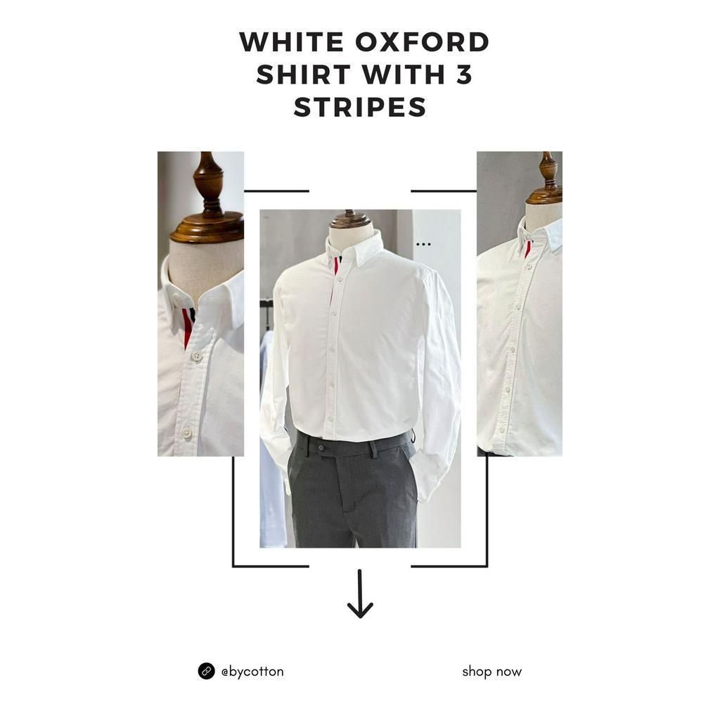Áo Sơ Mi Nam Dài Tay Trơn BY COTTON White Oxford Shirt With 3 Stripes