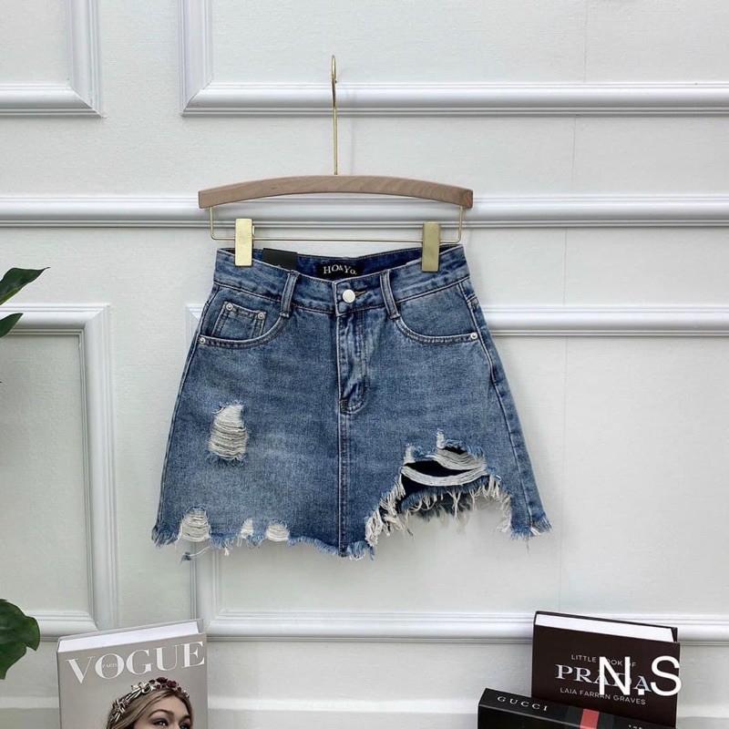 Chân Váy Jeans Rách Gối Cạp Cao