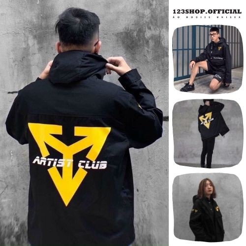 Áo khoác dù in hình ARTIST CLUB dành cho cặp đôi cho nam nữ có mũ, jacket form rộng màu đen unisex ulzzang 123SHOP