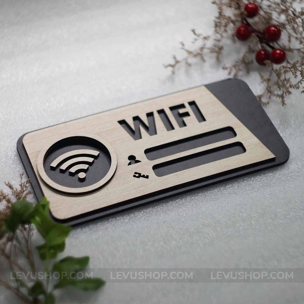 Bảng hiệu thông tin wifi bằng Gỗ khắc laser LEVU-TW03 dán tường trang trí quán