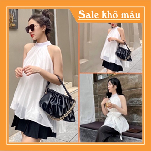 Áo kiểu nữ cổ yếm 2 lớp - Áo hở vai phối dây bản to A001