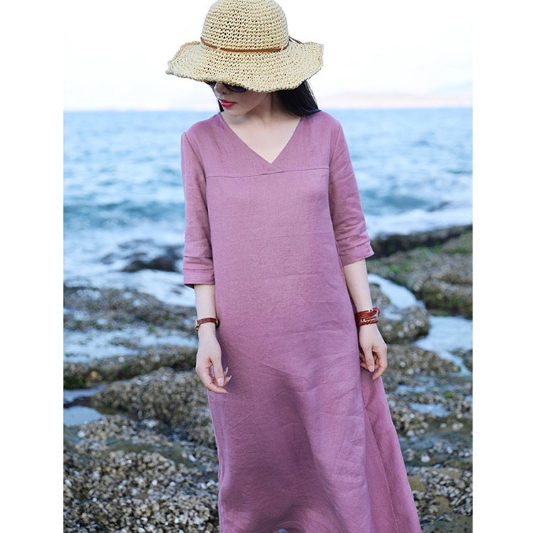 Đầm suông tay lỡ cổ tim chất vải linen mềm mát