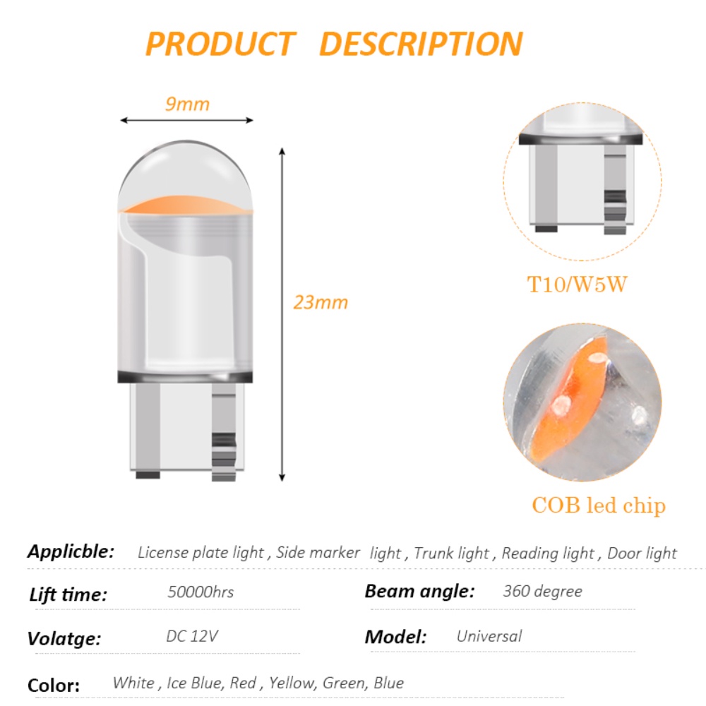 Đèn LED ô tô T10 W5W Canbus Glass COB 6000k Đèn đọc sách mái vòm Đèn đánh dấu Nêm Tấm giấy phép Bóng đèn 168 194 192 DC 12V Trắng xanh Đỏ