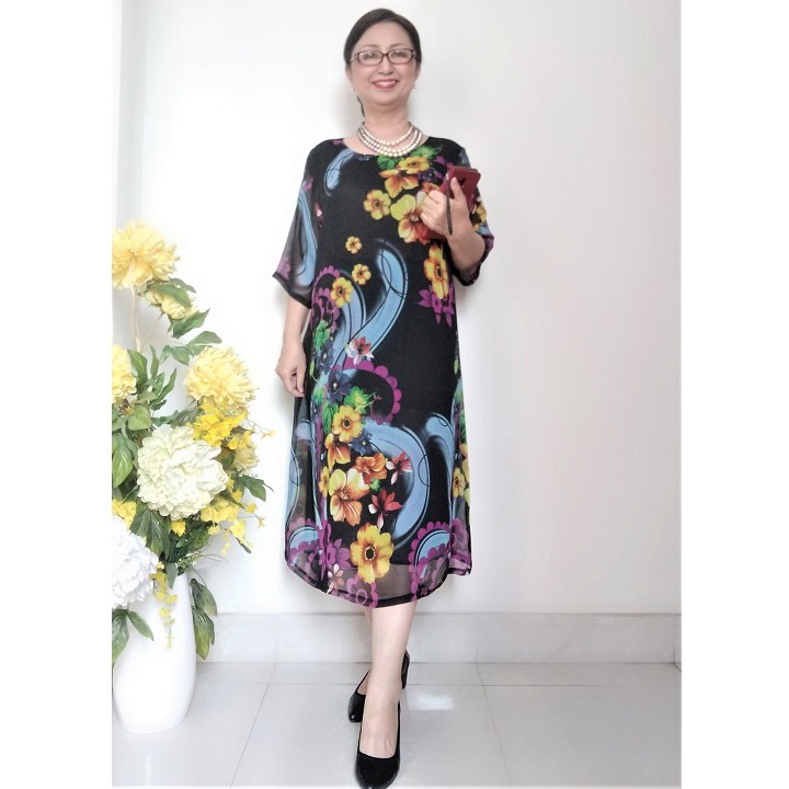 Váy Đầm Trung Niên Size 2XL- Vải Voan Sang Trọng - Form Suông Chữ A Che Bụng