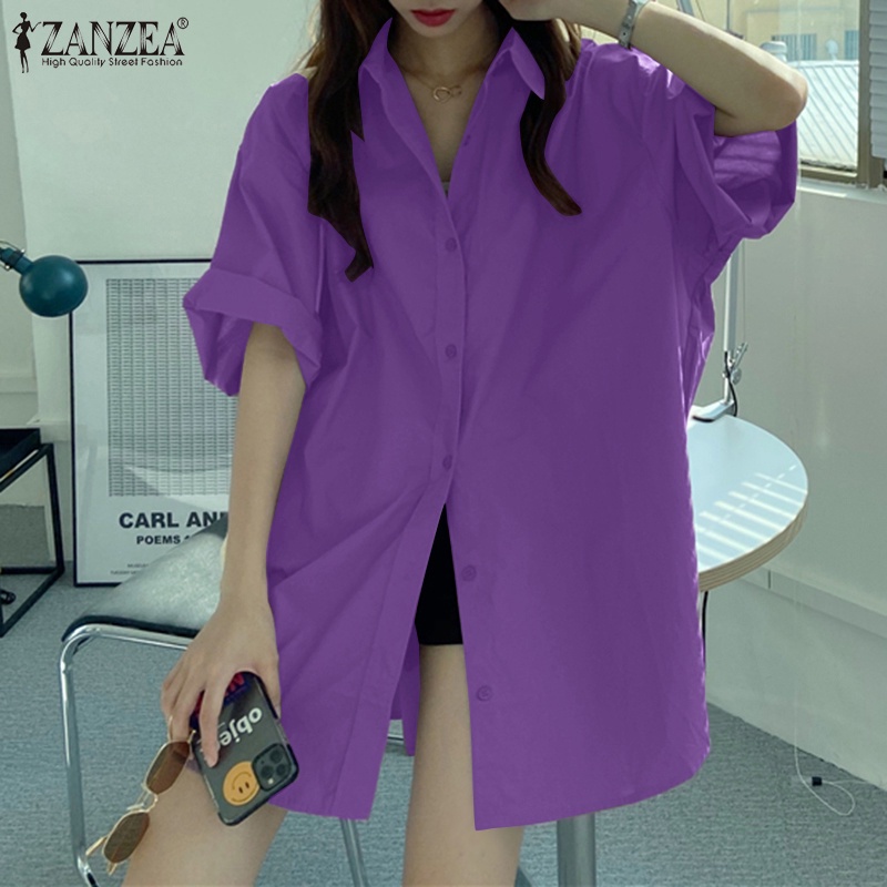 Áo sơ mi ZANZEA cổ chữ V tay lửng màu trơn gài nút thời trang cho nữ
