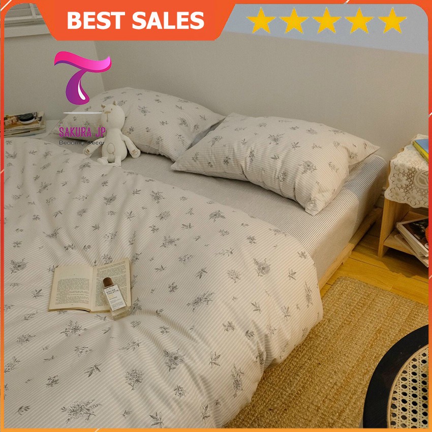 [RẺ VÔ ĐỊCH] Bộ Chăn Ga Gối Đệm Cotton Living Nhập Khẩu  Hoa Nhí Vintage Kẻ Chìm -Chăn Ga Cotton Sakura JP Bedding Decor